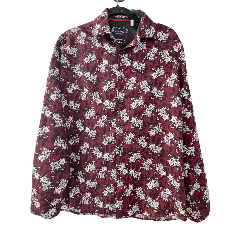 Silver Stone Collection Burgundy Floral Modern Fit Button Down Shirt M Preppy